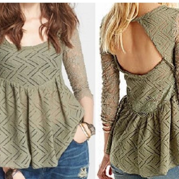 Free People lace olive green top 3/4 sleeves open back - Picture 6 of 6